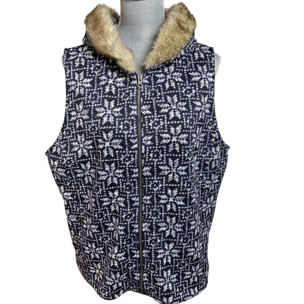 Talbots Knit Vest Full Zip‎ Navy Blue Faux Fur Trim Hood Snow Flake Nordic 2X